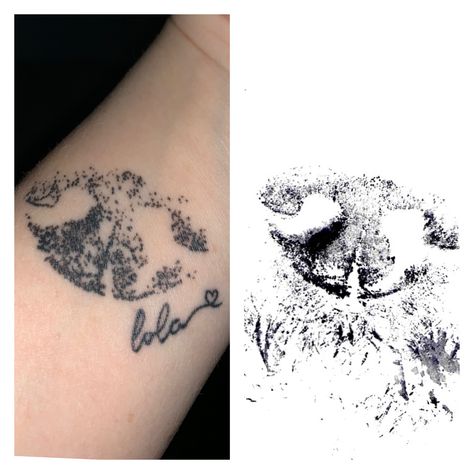 True to size tattoo of my sweet dog’s nose print. She will always be with me ❤️ Dog Nose And Paw Print Tattoo, Dog Memorial Tattoos Nose Print, Pet Nose Print Tattoo, Dog Nose Print Tattoo Ideas, Dog Nose Tattoo Ideas, Dog Snout Tattoo, Nose Print Tattoo Dog, Millie Tattoo, Dog Nose Tattoo