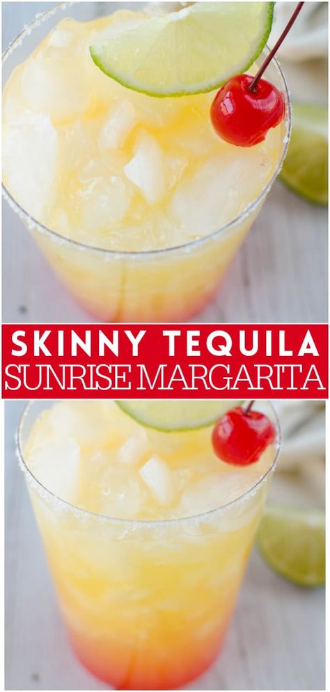 Skinny Tequila Sunrise Margaritas - a low calorie margarita recipe using low sugar orange juice, limes, tequila, orange liqueur, and a little grenandine on the bottom to make it look like a sunrise. Enjoy these skinny margaritas all summer with absolutely no guilt! Low Sugar Margarita Recipe, Low Calorie Tequila Drinks, Low Calorie Margarita, Tequilla Sunrise, Tequila Recipe, Low Calorie Drinks, Orange Liqueur, Tequila Drinks, Best Cocktail Recipes