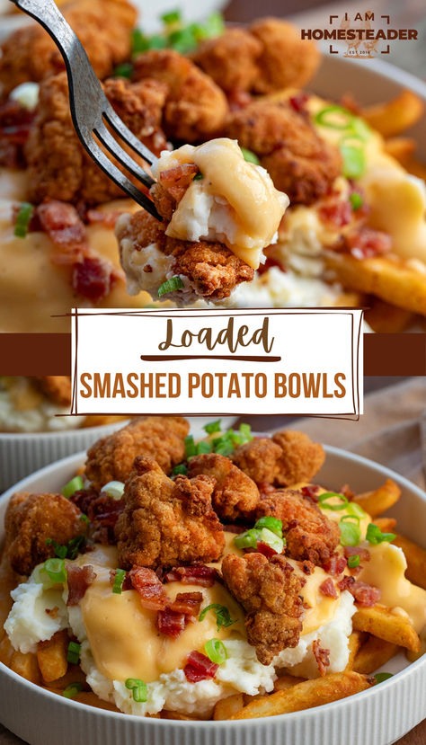 one image shows a chicken nuggets on a fork. the second shows a full loaded bowl. Mashed Potato Bowl, Seasoned French Fries, Mashed Potato Bowls, Potato Bowls, Potato Bowl, Chicken Mashed Potatoes, Seasoned Fries, Homemade Cheese Sauce, Loaded Mashed Potatoes