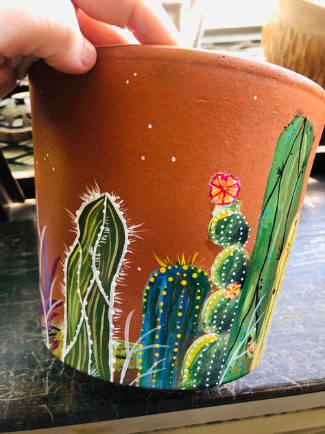 What Paint To Use On Terra Cotta Pots, Terracotta Pots Painting Ideas, Hand Painted Terra Cotta Pots Diy, Cactus Pot Painting, Acrylic Painted Pots, Painted Cactus Pots, Terra Cotta Painted Pots, Terra Cotta Painting, Diy Painted Plant Pots