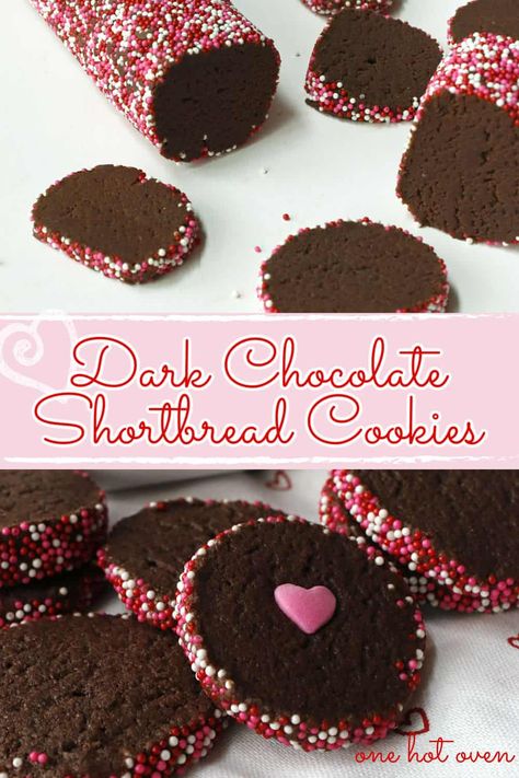 Bake something sweet for your Valentine with these Deep Dark Chocolate Slice and Bake Cookies. These easy to make shortbread cookies are so festive covered in pink, white and red sprinkles. Slice And Bake Valentine Cookies, Dark Chocolate Shortbread Cookies, Slice Cookies Recipe, Homemade Valentine Chocolates, Chocolate Valentine Cookies, Chocolate Slice And Bake Cookies, Chocolate Cookies With Sprinkles, Valentines Bakery Treats, Slice And Bake Shortbread Cookies