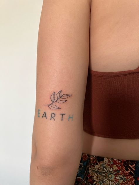 Matching Earth Sign Tattoos, Earth Word Tattoo, Earthy Boho Tattoos, Earth Art Tattoo Word, Down To Earth Tattoo Ideas, Earth Outline Tattoo, Earthy Girl Tattoos, Earth Signs Tattoo, Environmentalist Tattoo