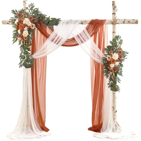 PRICES MAY VARY. PAKEAGE LIST: The wedding arch flower kit includes 1 X Corner flower swag of 39.5 x 31.5inch + 1 X Tie-back flower swag of 31.5 x 13.5inch + 2 X Sheer Fabric Drape of 315 x 29.5 inch + 6 X White Zip Straps of 17.7 inch (NOTE: Not Include Wood Stand). EXQUISITE DESIGN: Each set of beautiful wedding arch flowers is carefully designed and handcrafted by professional florist, who spend hours to create layers of flowers. Our flower swags are made of high-quality silk flowers with hig Decoration Terracotta, Flower Swag, Expensive Flowers, Color Terracota, Reception Backdrop, Terracotta Wedding, Draping Fabric, Wedding Arch Flowers, Arch Flowers