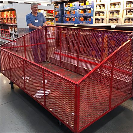 Caught during roll-out at shift change, the size and scope of this Mobile Perforated Metal Bin is far more apparent empty than full. Normally on duty near the Warehouse Club check stands, these bin… Warehouse Ideas, Metal Bins, Warehouse Club, Expanded Metal, Perforated Metal, Mild Steel, Metal Mesh, Wood Storage, Storage Bins