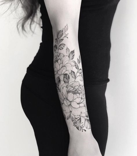 Floral Foliage Tattoo, Floral Forearm Tattoo Half Sleeves, Floral Forearm Tattoo, Foliage Tattoo, Half Arm Sleeve Tattoo, Outer Forearm Tattoo, Filler Tattoo, Beautiful Flower Tattoos, Forearm Tattoo Women