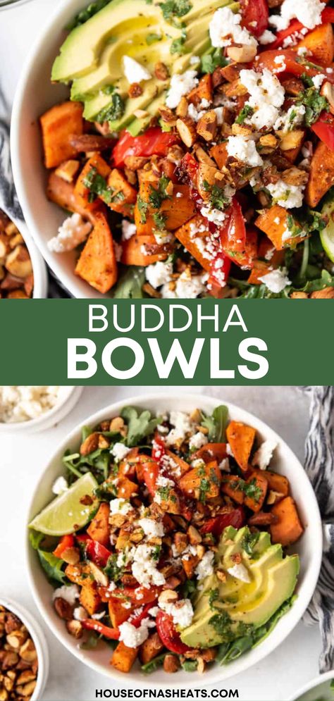 Avocado Buddha Bowl, Buddha Bowl Recipes Healthy, Sweet Potato Veggie Bowl, Cold Buddha Bowl, Buddha Bowl With Chicken, Greek Sweet Potato Bowls, Sweet Potatoe Bowl Recipes, Quinoa Recipes With Sweet Potatoes, Sweet Potato Shrimp Bowl