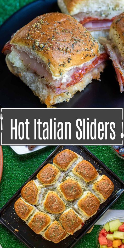 Hot Italian Sliders, Easy Game Day Food, Italian Sliders, Sliders Recipes Hawaiian Rolls, Italian Ham, Easy Slider Recipes, Ham Cheese Sliders, Ham Sliders, Slider Sandwiches