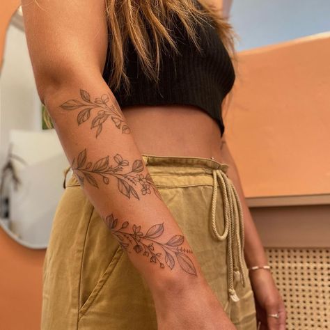 Vine And Floral Sleeve Tattoo, Tattoo Ideas Female No Flowers, Simple Tattoos Minimalist, Garden Theme Sleeve Tattoo, Morning Glory Wrap Around Tattoo, Leaf Sleeve Tattoos For Women, Forearm Floral Wrap Tattoo, Fine Line Arm Sleeve Tattoos For Women, Full Arm Wrap Around Tattoo