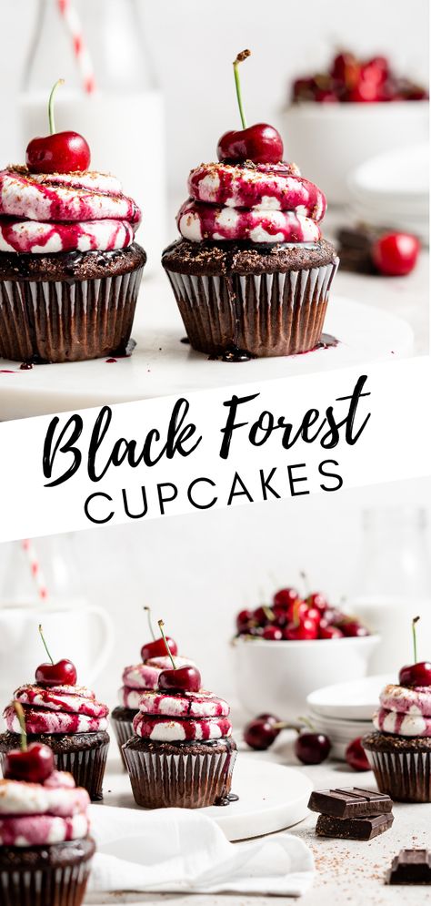 Chocolate Cherry Cupcakes, Forest Cupcakes, Black Forest Cupcakes, Chocolate Cupcakes Filled, Cherry Compote, German Cake, Cherry Cupcakes, Cherry Filling, Gourmet Cupcakes