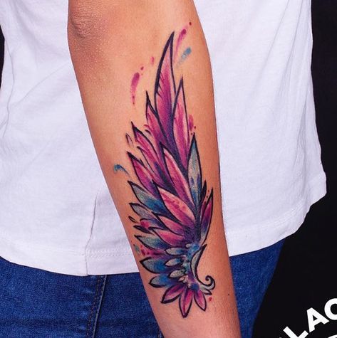 Colour Tattoo For Man, Anchor With Angel Wings Tattoo, Angel Wing Wrist Tattoo For Women, Color Angel Tattoo, Colorful Wings Tattoo, Watercolor Wings Tattoo, Eagle Wings Tattoo For Women, Wing Tattoo For Women, Color Wings Tattoo