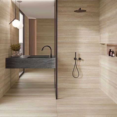 White Travertine Bathroom, Bathroom Ceramic Design, Travertine Tile Bathroom, Travertine Shower, Travertine Bathroom, Modern Tile Designs, Vein Cut, Bathroom Ceramic, Matte Tile