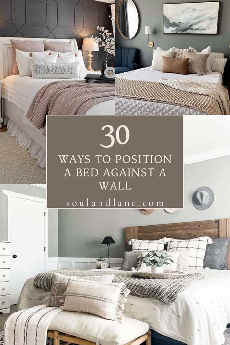 Maximize your bedroom space with these creative ways to position your bed against a wall. From clever storage solutions to design tricks that enhance the flow of your room, these ideas will give you a spacious and stylish bedroom layout while ensuring comfort and functionality. Master Bed Against Wall Bedroom Designs, Bed Attached To Wall, Uncentered Bed, Full Bed Against Wall, Bed Placement With Windows, Queen Bed Sideways Against Wall, Bed Next To Door Layout, Rug Placement For Bed Against Wall, Bed Not Centered On Wall