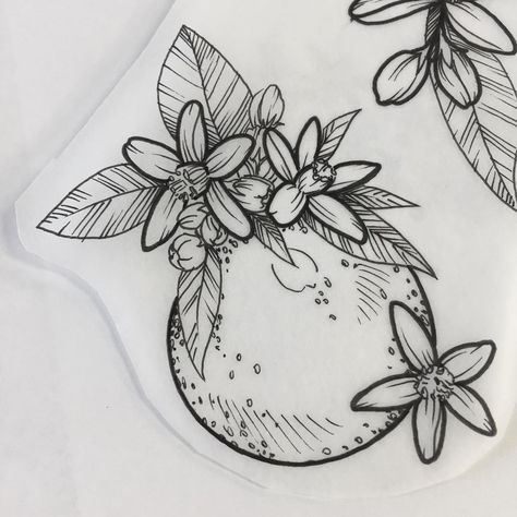 Clementine Blossom Tattoo, Orange Blossom Tattoo Simple, Orange Tattoo Black And White, Orange Blossom Drawing, Abuelo Tattoo, Orange Blossom Tattoo, Blossoms Tattoo, Florida Tattoo, Orange Tattoo