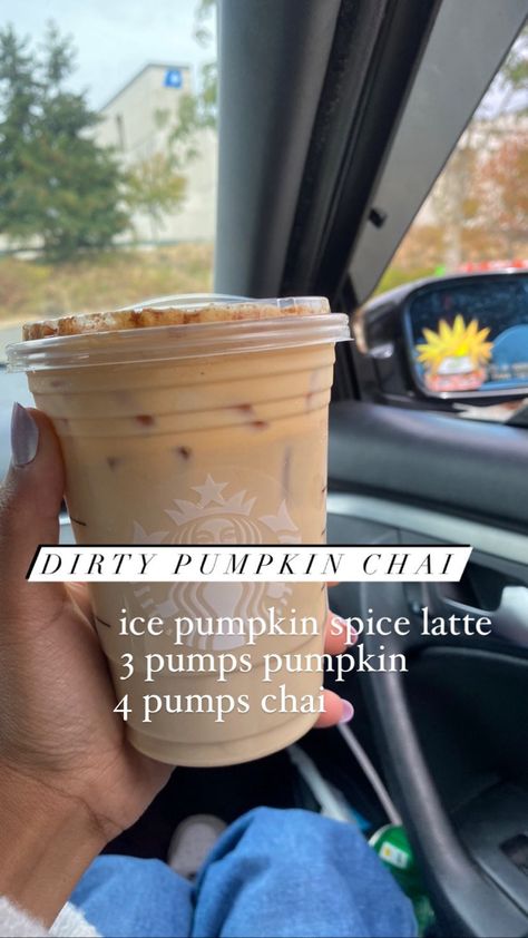 starbucks drink with caption to order : ice pumpkin chai latte and add 3 pumps of pumpkin syrup and 4 pumps of chai Starbucks Chia Drinks, Dunkin Orders, Frappuccino Starbucks Secret Menu, Starbies Drinks, Fall Coffee Recipes, Fall Coffee Drinks, Starbucks Ideas, Fall Starbucks, Starbucks Fall Drinks