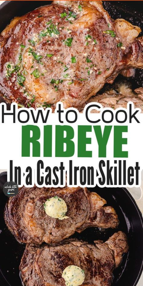 Make the best pan seared ribeye steak in a cast iron skillet! Pan-fry them briefly on the stove to get a crispy crust before finishing it to perfection in the oven. You will love this easy ribeye steak recipe that is perfect for a weeknight or any occasion. Ribeye In Cast Iron Skillet, Steak In Cast Iron Skillet, Rib Eye Steak Recipes Oven, Pan Seared Ribeye Steak, Seared Ribeye Steak, Pan Seared Ribeye, Cast Iron Recipes Dinner, Oven Steak, Cast Iron Skillet Steak