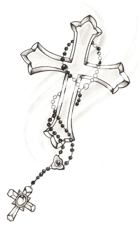 Cross And Chain Tattoo, Cross With Rosary Drawing, Cross And Rosery Tattoos, Cross With Chain Tattoo, Cross With Banner Tattoo Design, Cross Necklace Drawing, Cross And Rosary Tattoo, Drawing Ideas Cross, Cross Art Drawing