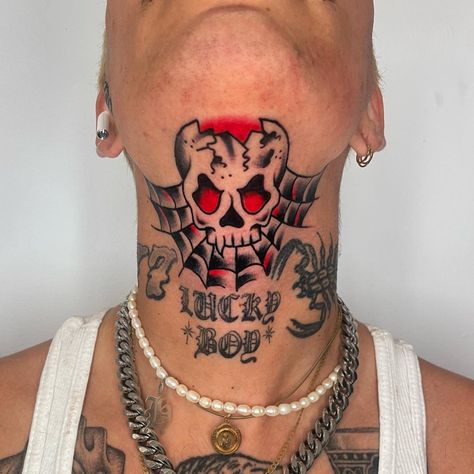 Traditional Neck Tattoo Men, Traditional Throat Tattoo, Throat Tattoo Men, Traditional Neck Tattoo, Skull Ideas, Traditional Black Tattoo, Spider Web Tattoo, Throat Tattoo, Web Tattoo