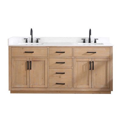 Love the fresh, clean, classic look? Our Gavino vanity series delivers timeless sophistication with a modern twist—from the simple,bar-style pulls to the gorgeous grain of the countertop. Superior craftsmanship is at the heart of this piece, featuring premium, durable materials that guarantee long-lasting beauty and functionality. The Gavino is also ripe with thoughtful details like a flip-down drawer that maximizes storage space, and whisper-quiet door hinges.No mirror is included. | Everly Qui 72 Inch Vanity, 72 Vanity, Stone Countertop, Brown Cabinets, Double Bathroom, Cultured Marble, Bathroom Reno, Double Bathroom Vanity, Wood Vanity