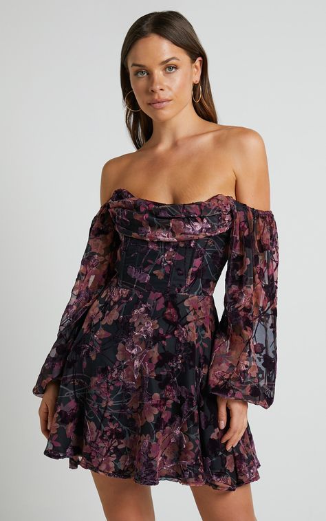 Jessell Mini Dress - Long Sleeve Cowl Corset Dress in Burnt Out Floral 30th Birthday Dress, Purple Velvet Fabric, Fall Cocktail Dress, Style Roots, Famous Youtuber, Indie Dresses, Casual Summer Outfits For Women, Green Prom, Fashion Diary