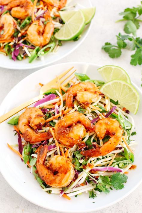 Asian Shrimp Salad, Crispy Wontons, Ginger Sesame Dressing, Shrimp Keto, Sesame Shrimp, Smashed Cucumber, Asian Shrimp, Shrimp Salad Recipe, Crunchy Veggies