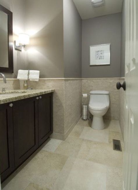 Half tile wall around toilet - a must have in small spaces Beige Tile Bathroom, Grey Bathroom Paint, Gray Bathroom Walls, Grey Bathroom Cabinets, Bathroom Grey, Painting Bathroom Cabinets, Bathroom Color Schemes, Travertine Floors, Gray Walls