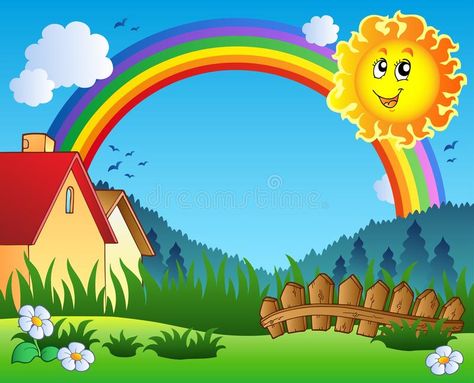 Sun And Rainbow, Landscape Clipart, Rainbow Cartoon, Drawing Kids, Scenery Drawing, Parrots Art, Kids Background, Cartoon Painting, Rainbow Theme