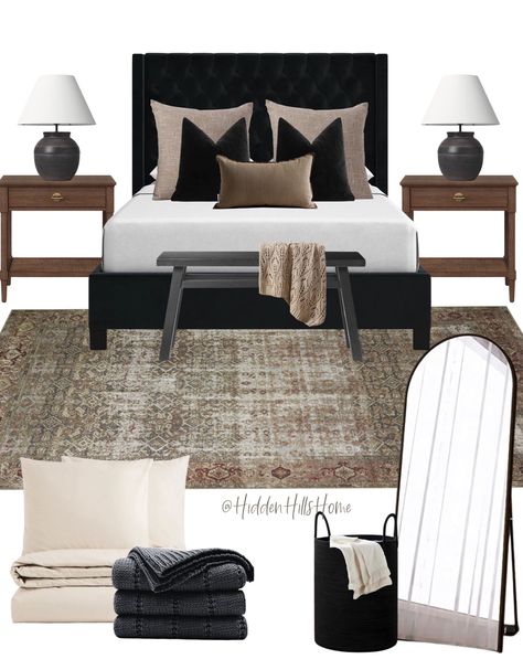 Shop Upholstered Bed and other curated products on LTK, the easiest way to shop everything from your favorite creators. Black Tufted Bed Decor Bedroom Ideas, Malm Black Bed, Mirror Above Nightstand Bedroom Ideas, Black Velvet Headboard Bedroom, Bedding Black Headboard, Neutral Bedroom With Black Bed Frame, Black Tufted Headboard Bedroom, Bed With Black Headboard, Black Tufted Bedroom Ideas