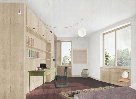 Sergison Bates architects Sergison Bates, Collage Architecture, Digital Rendering, Interior Design Renderings, Timber Ceiling, Terracotta Floor, Interior Design Presentation, Architecture Concept Diagram, Presentation Ideas