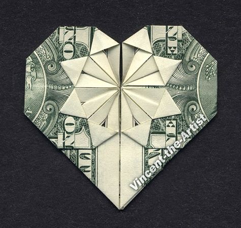 Origami Dollars, Heart Dollar, Money Star, Money Origami Heart, Fold Dollar Bill, 1 Dollar Bill, Money Folding, Folded Money, Origami Dollar