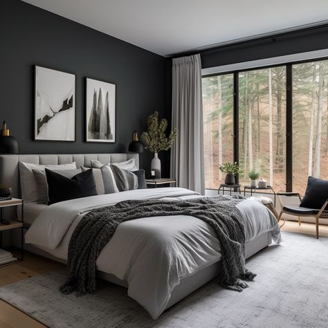 a calm bedroom with charcoal gray walls Grey Room Ideas Bedroom, Charcoal Grey Bedrooms, Gray Accent Wall Bedroom, Black White And Grey Bedroom, Grey Bedroom Paint, Charcoal Bedroom, Black And Grey Bedroom, Calm Bedroom, Gray Bedroom Walls