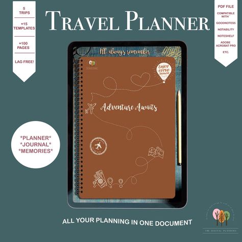 Excited to share this item from my #etsy shop: Digital Travel Planner/Journal - GoodNotes5/Notability planner #traveljournal #travelplanner #digitaltravelplan Travel Planner Journal, Free Digital Planner, Travel Planner Template, Daily Planner Printables Free, Free Daily Planner, Notability Planner, Save Trees, Daily Planner Pages, Free Planner