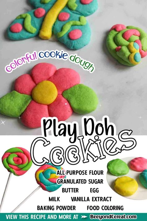 Play doh cookies are a fun colored sugar cookie dough that the kids can shape into fun artistic works of art that they can eat! With this dough they can enjoy this sensory project through touch, feel and taste. They're going to love watching creations come to life and you're going to love watching them have so much fun! Playdough Cookies Recipe, Cookie Dough Playdough Recipe, Play Dough Cookies, Colored Sugar Cookies, Kids Cookie Decorating, Edible Playdoh, Cookies Crumble, Name Cookies, Colorful Cookies