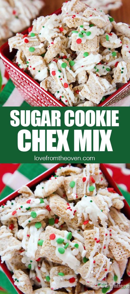 Nobody can resist a handful of this easy Sugar Cookie Chex Mix! Sugar Cookie Chex Mix, Sugar Cookie Chex, Christmas Chex Mix, Sugar Cookie Christmas, Puppy Chow Chex Mix Recipe, Chex Mix Christmas, Chex Mix Puppy Chow, Love From The Oven, Chex Mix Recipes