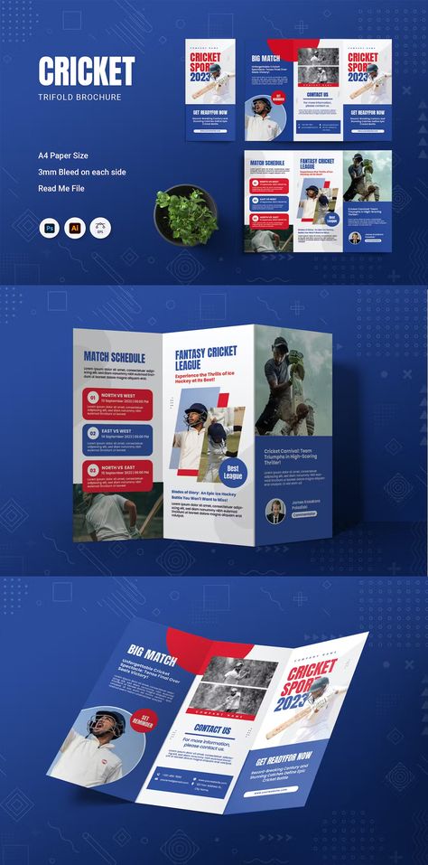 Cricket Trifold Brochure Template AI, EPS, PSD Creative Trifold Brochure, Sports Brochure, Brochures Design, Cricket Logo, Brochure Design Layouts, Brochure Psd, Brochure Ideas, Trifold Brochure Design, Sport Banner