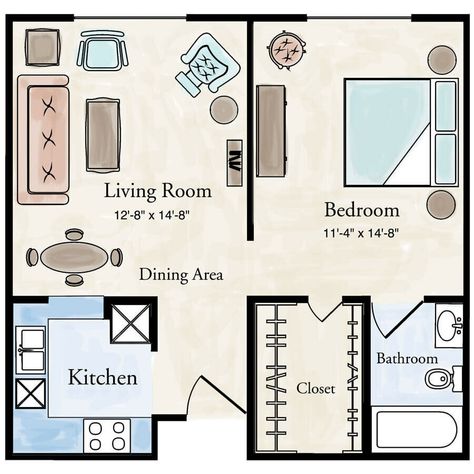 Studio Apartment Building, One Bedroom Apartment Floor Plan, One Bedroom Apartment Layout, 1 Bedroom Apartment Floor Plan, Apartment Building Plans, Studio Apartment Plan, Senior Living Apartments, Senior Living Interior Design, Senior Living Design