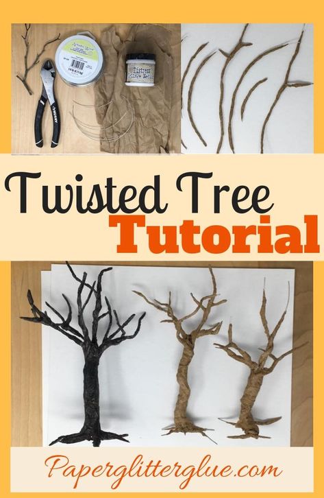 With only a few materials - paper, wire, and glue - you can make these spooky trees to decorate for Halloween. Just follow the steps in the tutorial to make your won twisted trees. Tree Tutorial, Casa Halloween, Twisted Tree, Spooky Trees, Christmas Float, Halloween Miniatures, Manualidades Halloween, Paper Mache Crafts, Halloween Village