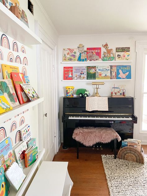 One Room Challenge: Playroom Makeover Week 7 Update: Music Corner with Vintage Record Display — Gathered Living Living Room Play Corner, Fun Playroom Ideas, Fun Playroom, Dress Up Stations, Playroom Makeover, Music Corner, Play Corner, Calm Down Corner, Record Display