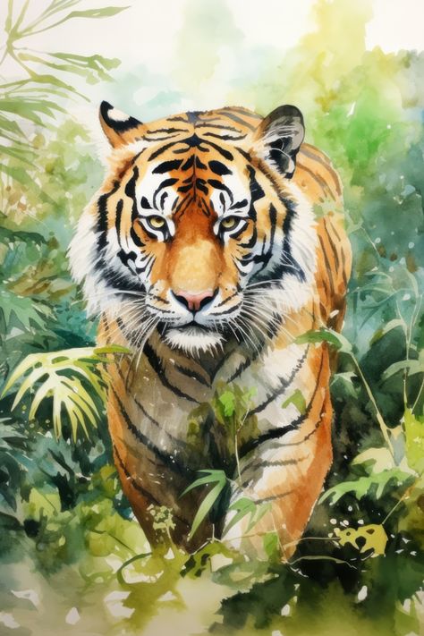 Prowling Bengal Tiger Canvas Print Experience the awe-inspiring presence of the wild with our watercolour style canvas print. This captivating artwork portrays a majestic Bengal tiger gracefully approaching through the lush greenery of the jungle. The tiger's regal stance and the verdant jungle create a moment of untamed wonder, inviting you to connect with the power and beauty of the wilderness. Watercolour Tiger Painting, Bengal Tiger Drawing, Tiger Painting Abstract, Tiger Painting Acrylic, Tiger Watercolor Painting, Watercolour Tiger, Tiger Canvas Painting, Tiger Art Drawing, Tiger Oil Painting