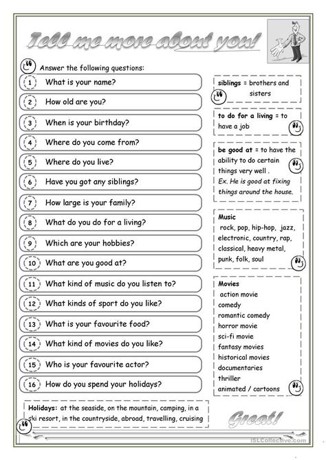 All about You - Introduce yourself - English ESL Worksheets for distance learning and physical classrooms Speaking About Yourself, Questions To Introduce Yourself, Introduce Yourself Ideas School, Introduce Yourself Ideas, Introduce Yourself Template, Exercise List, Esl Teaching Resources, Language Goals, Family Music