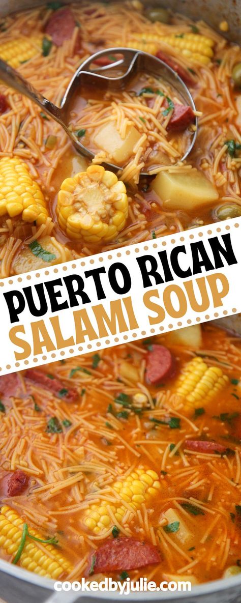 Puerto Rican Soup, Salami Soup, Sopa Recipe, Weeknight Soup, Salami Recipes, Genoa Salami, Puerto Rico Food, Boricua Recipes, Spanish Dishes