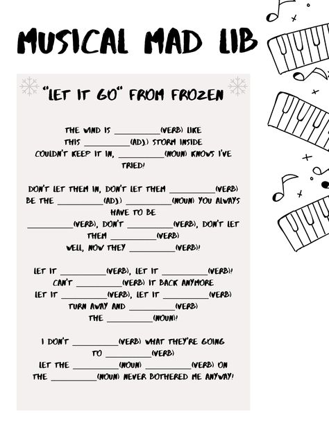 A musical mad lib for "Let it Go" from Frozen! Musical Mad Libs, Rec Games, Bar Activities, Song Worksheet, Lyric Writing, Teaching Orchestra, Music Therapy Activities, Music Classroom Decor, Elementary Music Class