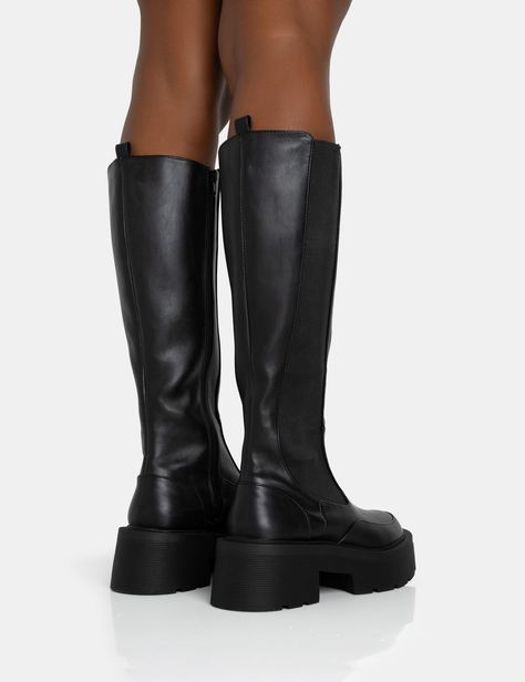 Evergreen Black Pu Knee High Elasticated Detail Chucky Heeled Sole Boots | Public Desire Black High Knee Boots, Black Boots Aesthetic, Black Boots Chunky, Winter High Boots, Chunky Knee High Boots, Black Chunky Boots, Heels Boots Outfit, Chunky Sole Boots, Eras Outfit