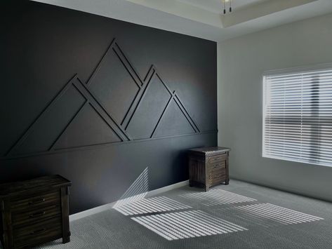 Mountain Accent Wall Bedroom, Mountain Trim Accent Wall, Mountain Accent Wall Wood, Mountain Accent Wall Nursery, Mountain Themed Bedroom, Mountain Accent Wall, Black Wall Ideas, Wood Trim Accent Wall, Small Accent Wall