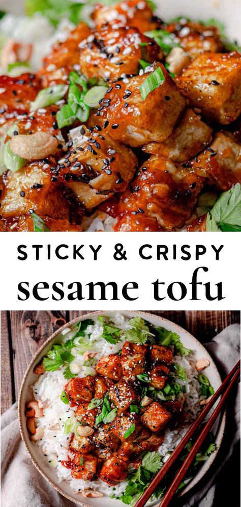 If you're in the mood for an easy weeknight dinner, this sticky sesame tofu is for you! This tofu is coated in cornstarch, pan-fried, and then coated in a thick, sticky, sweet yet savory, sesame sauce. The end result is a slightly crispy, sticky, salty, and savory tofu dish! This dish takes less than 30 minutes to make, is completely vegan, and can be gluten-free if using GF soy sauce. Sticky Sesame Garlic Tofu, Tofu Slices Recipes, Crispy Silken Tofu, Tofu Sesame Recipes, Vegan Sesame Tofu, One Pan Vegan Dinner, Tofu Recipes Extra Firm, Crispy Sesame Tofu, Sesame Soy Sauce