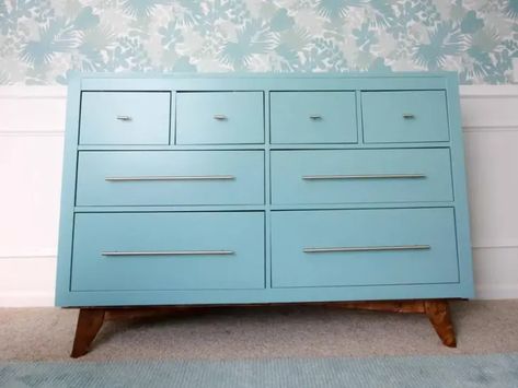 Sherwin Williams Vast Sky, Vast Sky Sherwin Williams, Dresser Ikea Hack, Mid Century Modern Dresser Makeover, Modern Dresser Makeover, Dresser Ikea, Diy Changing Table, Ikea Dresser Hack, Ikea Hemnes Dresser