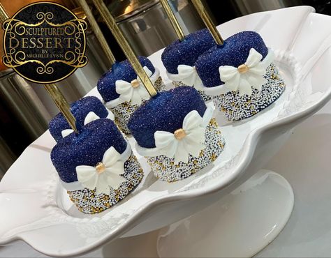 Navy Blue Treats, Navy Blue Candy Table, Navy And Gold Cake Pops, Royal Blue Chocolate Covered Oreos, Quince Candy Table Ideas Blue, Blue And Silver Cake Pops, Marshmellow Treats, Gold Dessert, Cake Pop Designs