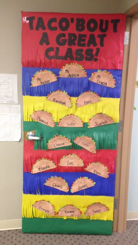 Taco theme classroom door. #fiesta #classroomdoor #taco #cincodemayo Mexican Heritage Classroom Door, Fiesta Theme Classroom Door, Fiesta Classroom Decor, Mexican Classroom Theme, Taco Classroom Theme, Mexico Classroom Door, Mexico Classroom Decorations, Cinco De Mayo Door Decorations Classroom, Cinco De Mayo Classroom Door Ideas