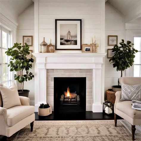 40 Shiplap Fireplace Ideas for a Modern Farmhouse Look Brick And White Fireplace, Living Room Inspo Fireplace, Gas Insert Fireplace Ideas, Fireplace With Shiplap Above, Fireplace Lighting Ideas, Shiplap Fireplace Ideas, Farmhouse Fireplace Ideas, Fireplace Walls, Modern Farmhouse Fireplace