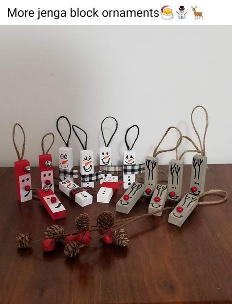 Dollar Tree Jenga Block Crafts, Jenga Block Crafts, Holiday Woodworking Projects, Jenga Diy, Jenga Crafts, Christmas Ornaments Homemade Kids, Block Ornaments, Diy Christmas Crafts To Sell, Wooden Clothespin Crafts