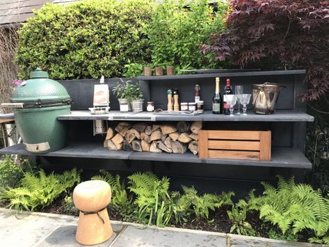 Bbq Wall, Big Green Egg Outdoor Kitchen, Big Green Egg Table, Green Egg Bbq, Concrete Outdoor Kitchen, Big Green Egg, Bbq Area, Summer Kitchen, Green Eggs